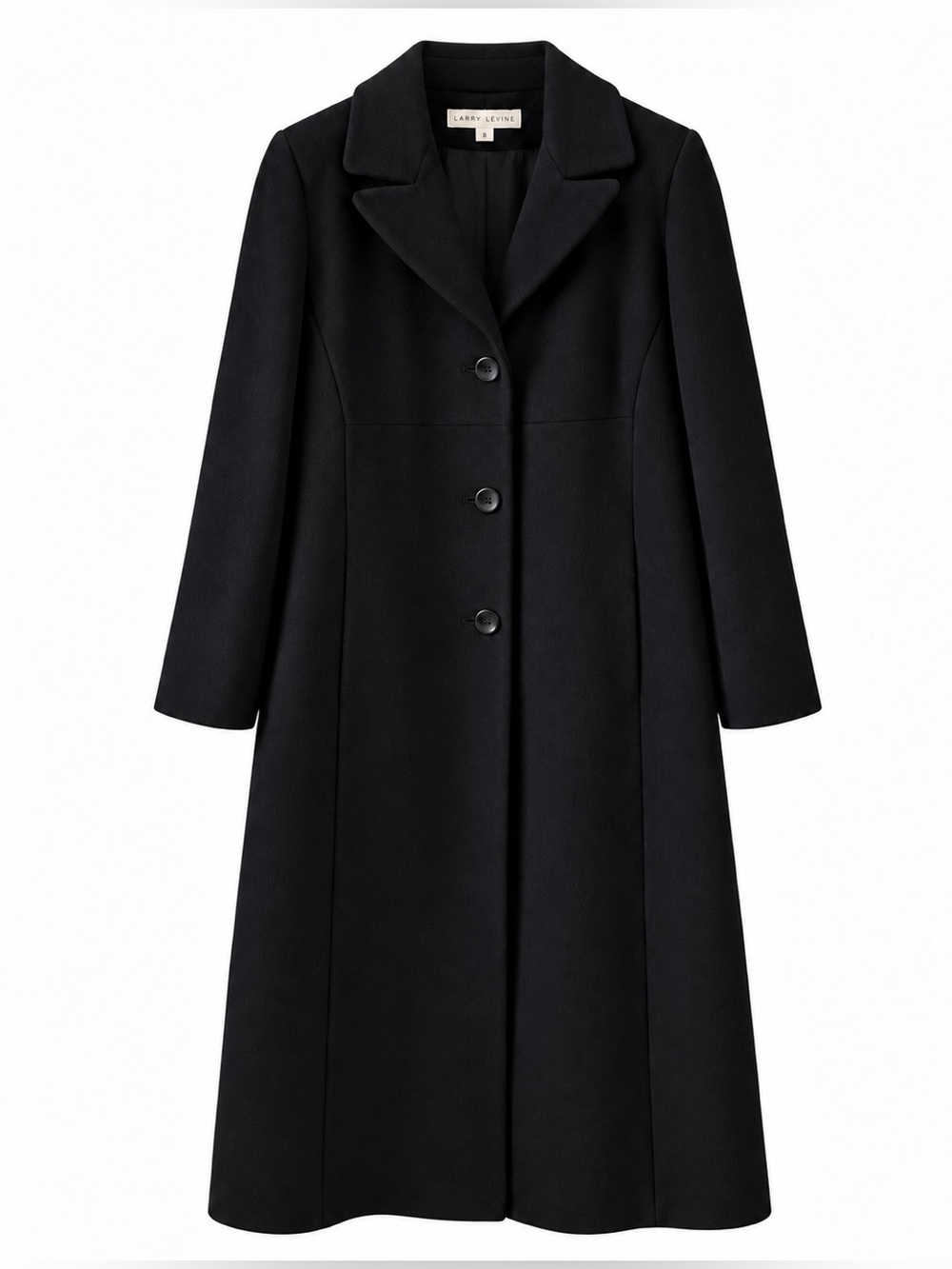 Vintage Larry Levine 100% Merino Wool Italian Fabric Black Full Length Coat 8
